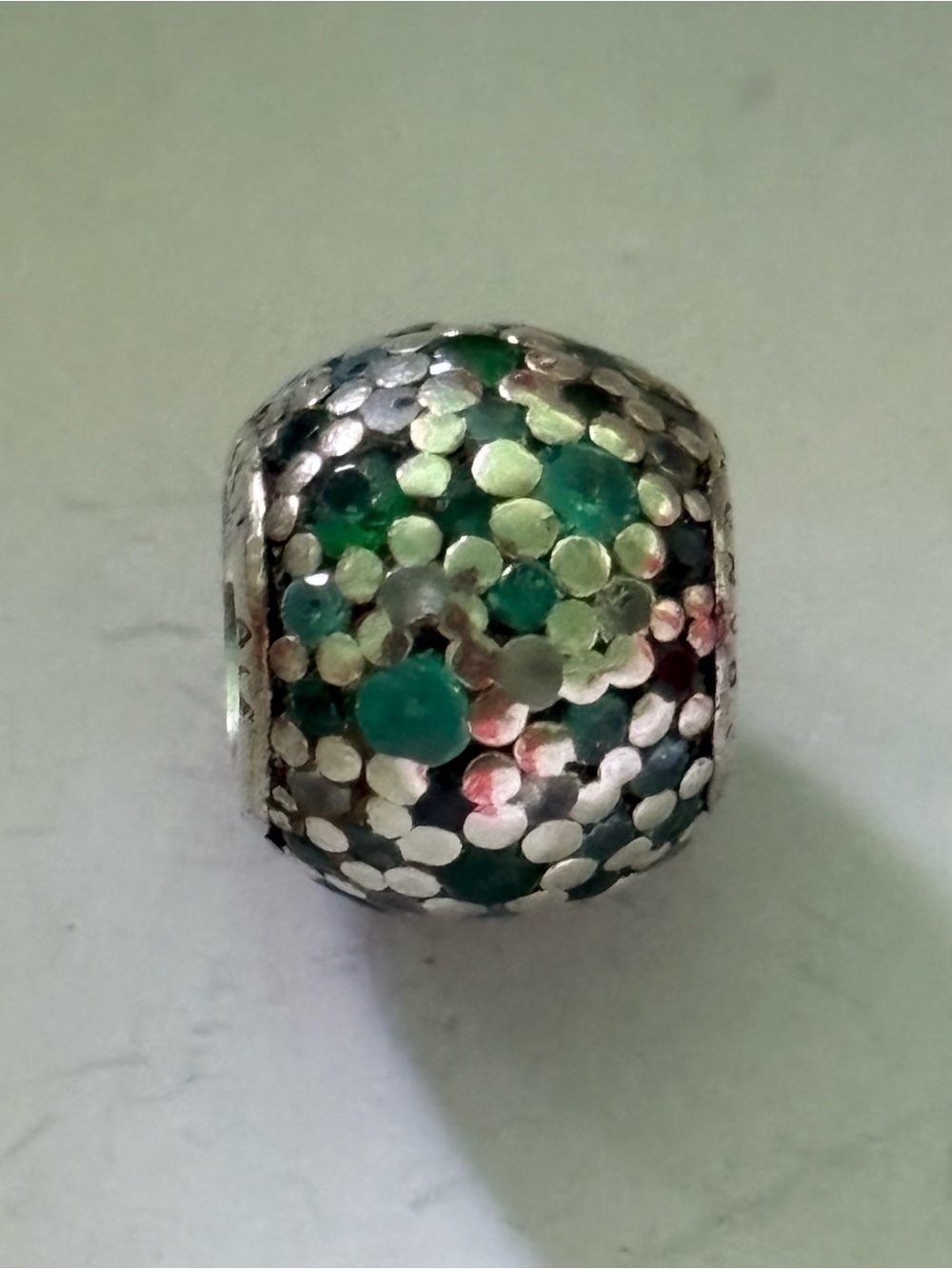 Pandora Green and Silver Dotted Charm Bead